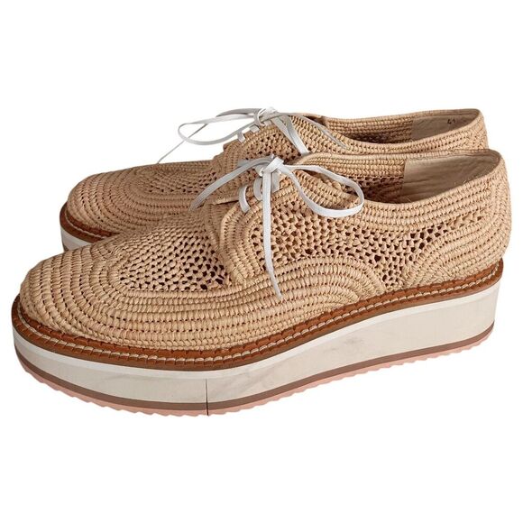 Robert Clergerie Shoes 10.5 Womens Beige Lisa Raffia Oxford Wedge Almond Toe Low - Picture 8 of 9